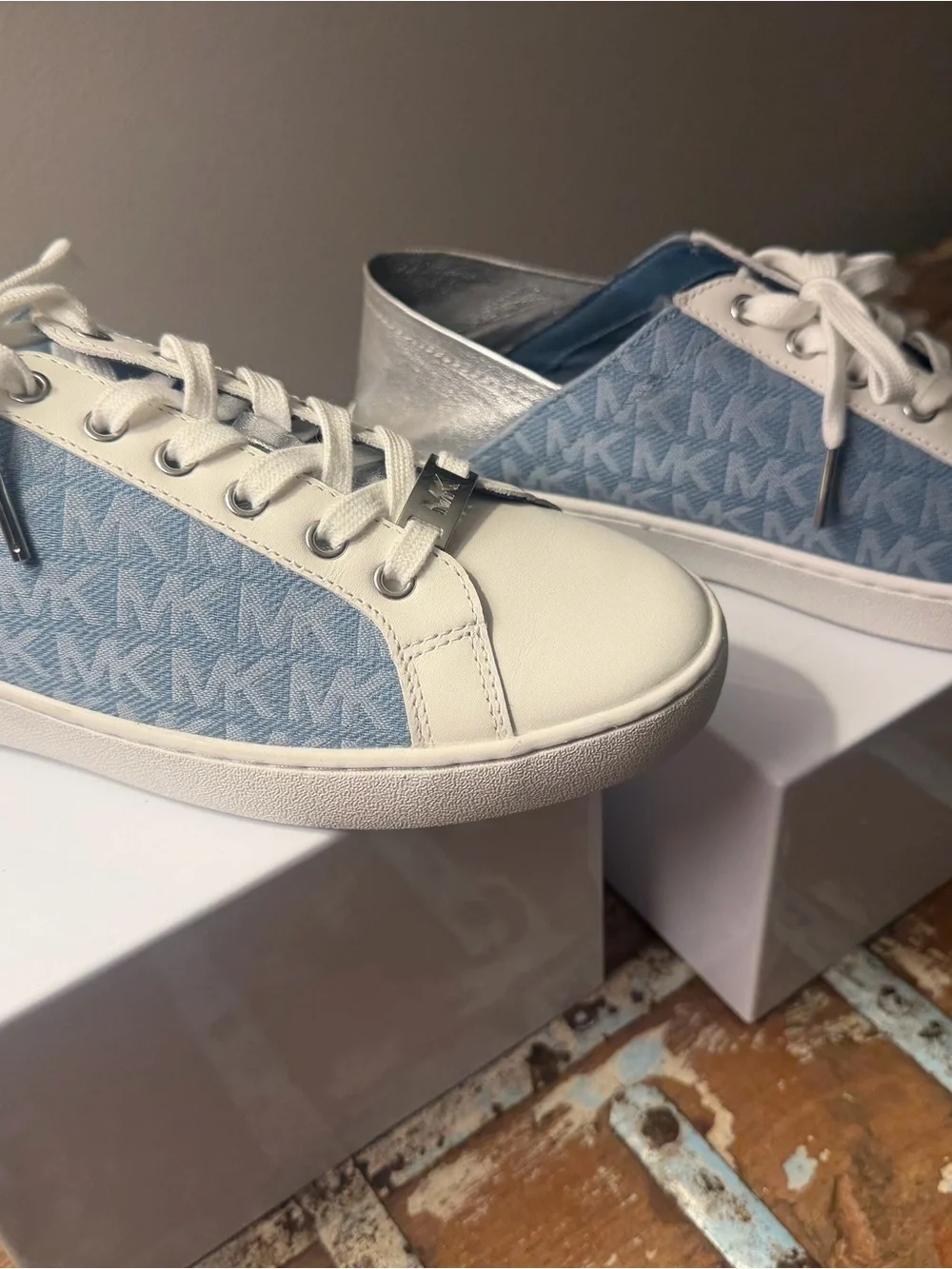 Michael Kors White and Light Blue/Denim Lace-Up Sneakers
